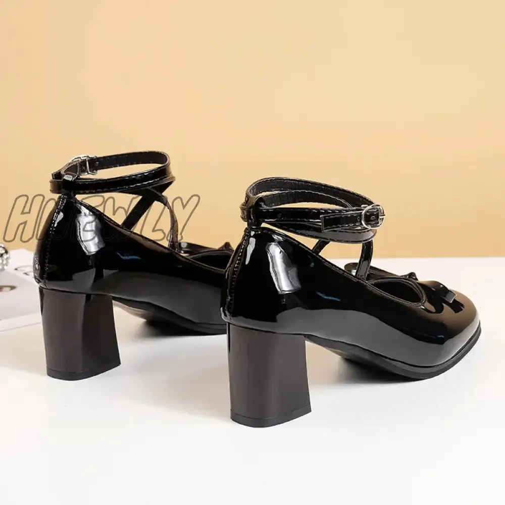 Hnewly Black Retro Cross-Tie Pumps Casual Summer Marry Janes Round Toe Shoes Ladies Lolita Sweet Fashion Shoes Woman Bow Design