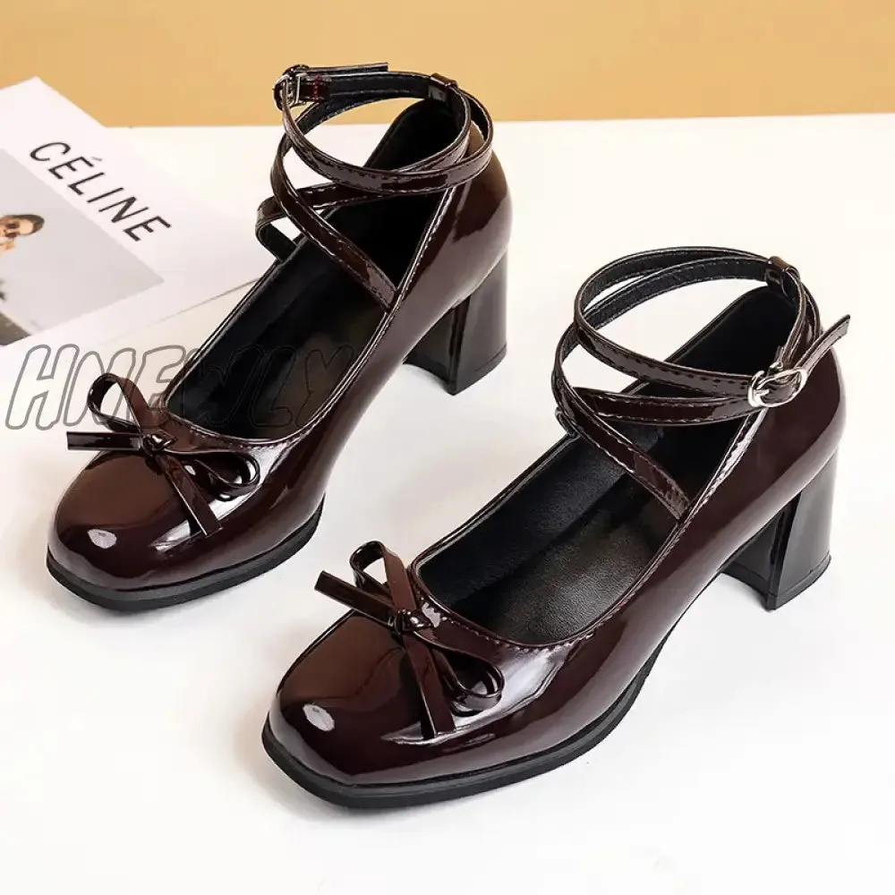 Hnewly Black Retro Cross-Tie Pumps Casual Summer Marry Janes Round Toe Shoes Ladies Lolita Sweet Fashion Shoes Woman Bow Design