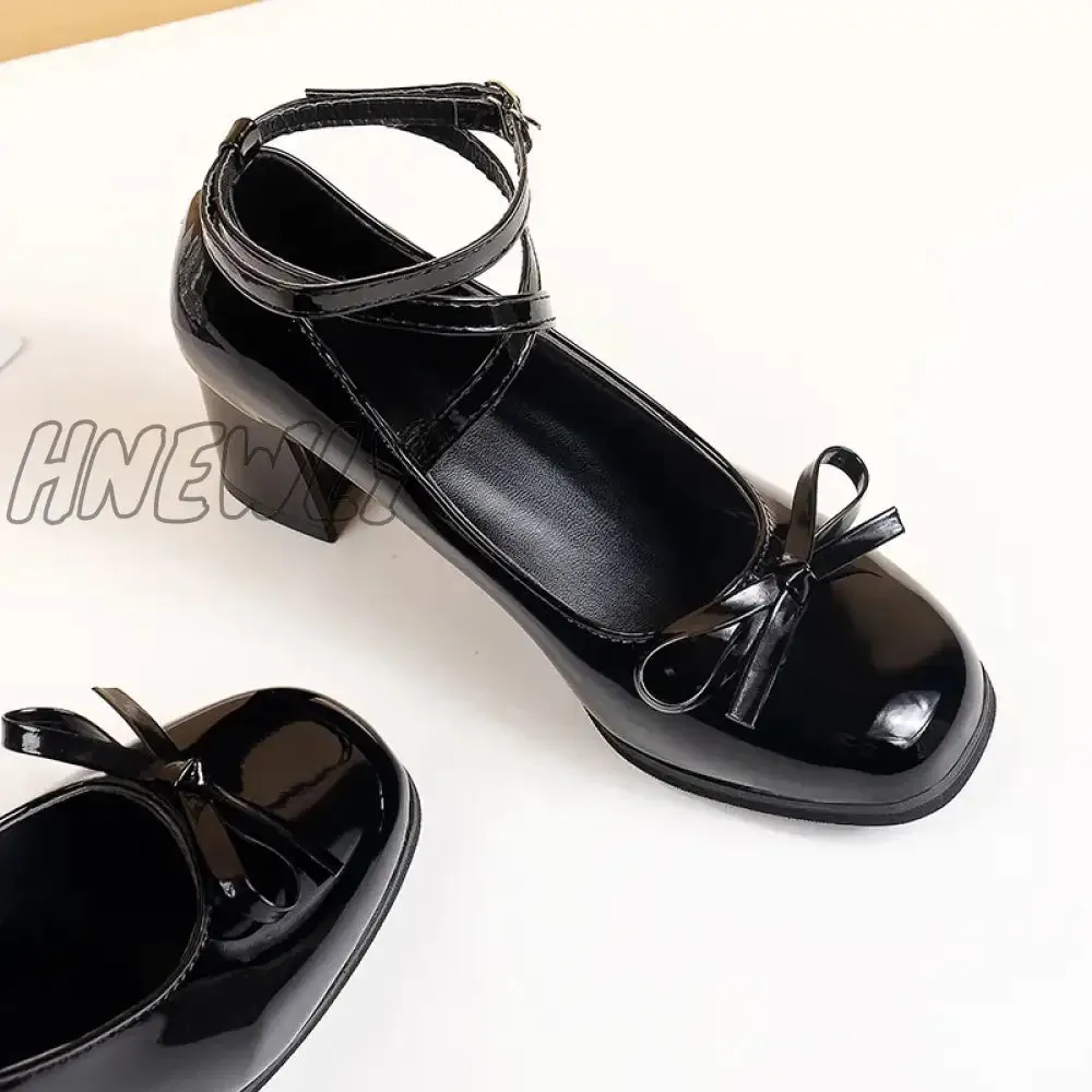 Hnewly Black Retro Cross-Tie Pumps Casual Summer Marry Janes Round Toe Shoes Ladies Lolita Sweet Fashion Shoes Woman Bow Design