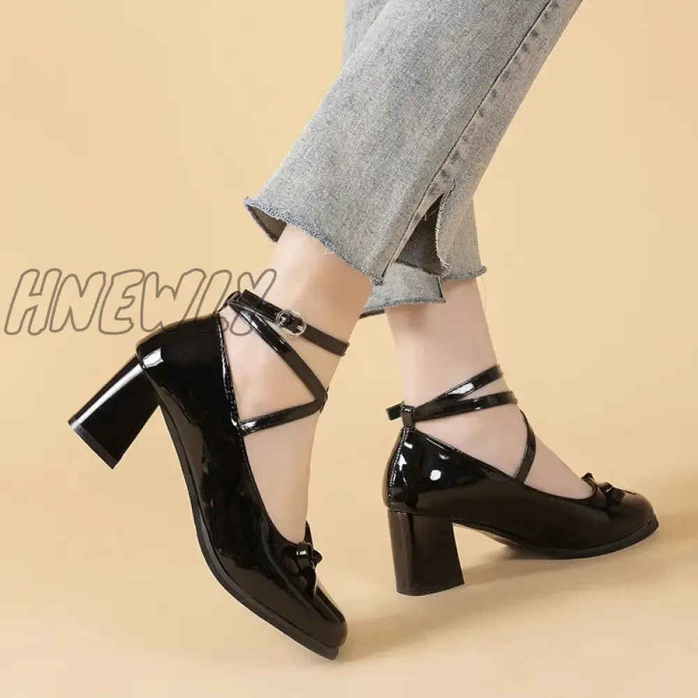 Hnewly Black Retro Cross-Tie Pumps Casual Summer Marry Janes Round Toe Shoes Ladies Lolita Sweet Fashion Shoes Woman Bow Design