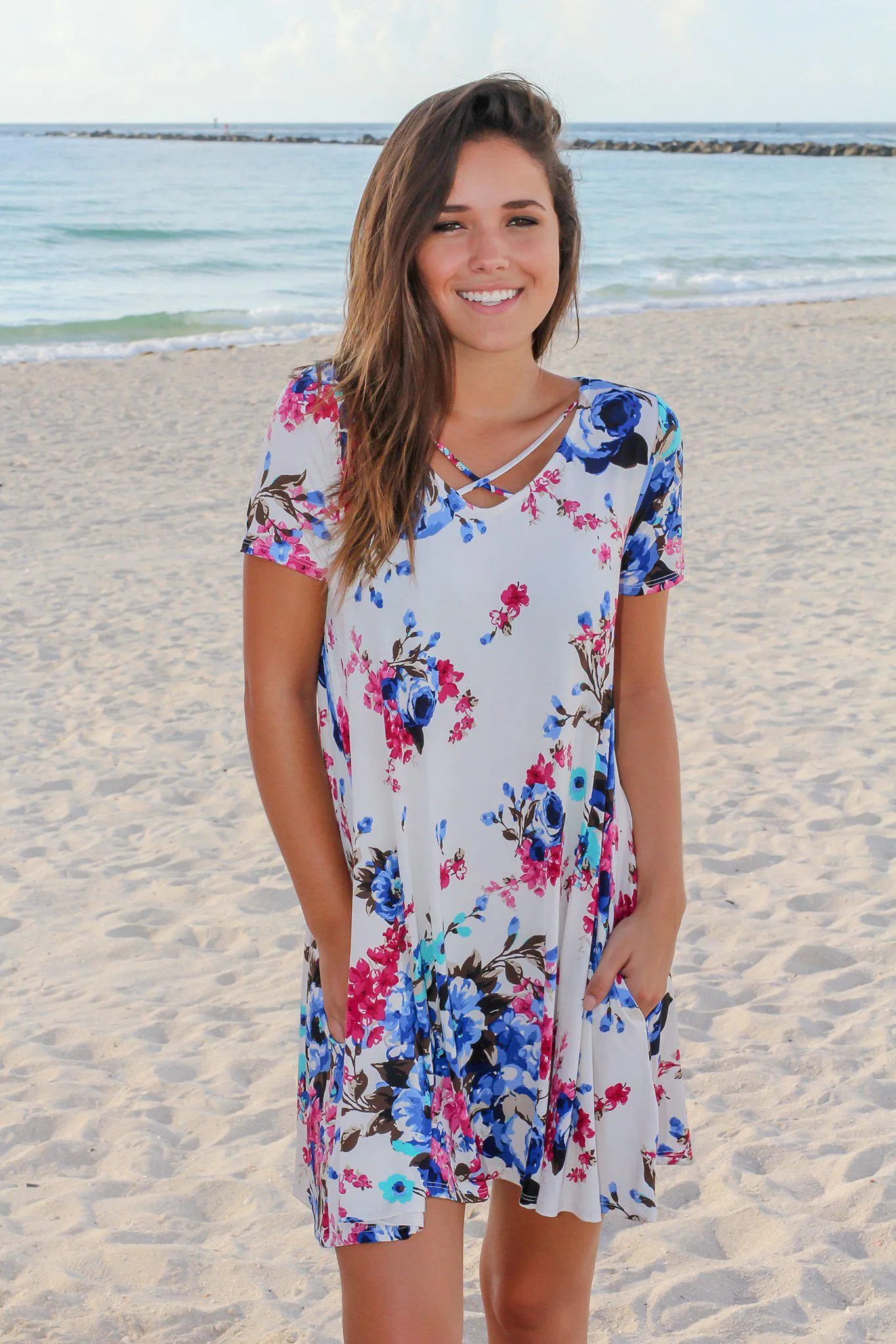 Ivory Floral Short Dress with Criss Cross