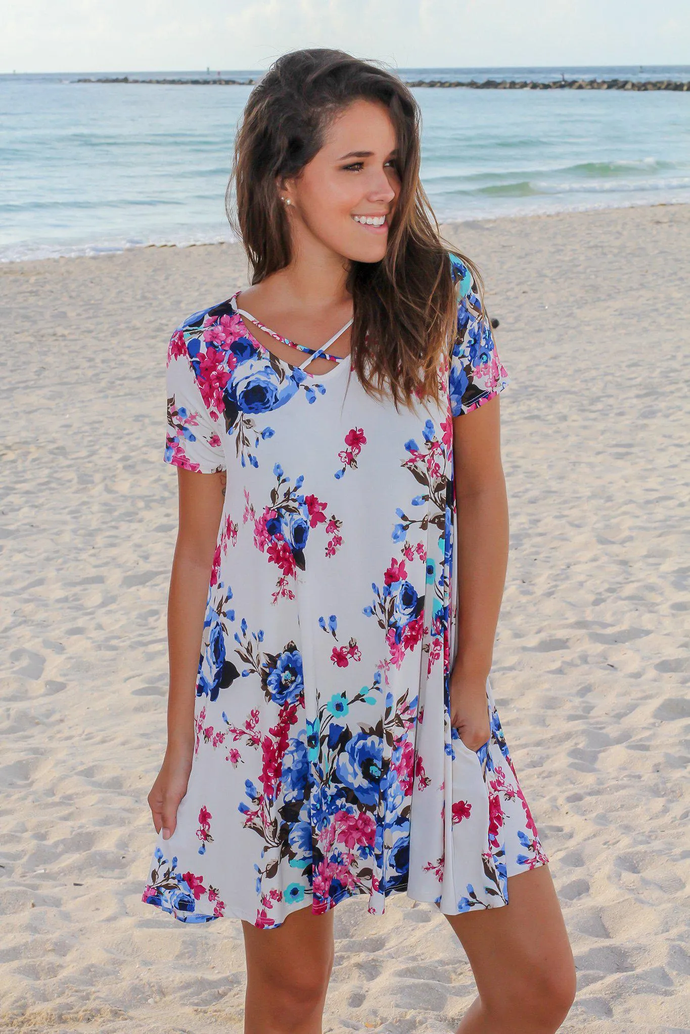 Ivory Floral Short Dress with Criss Cross