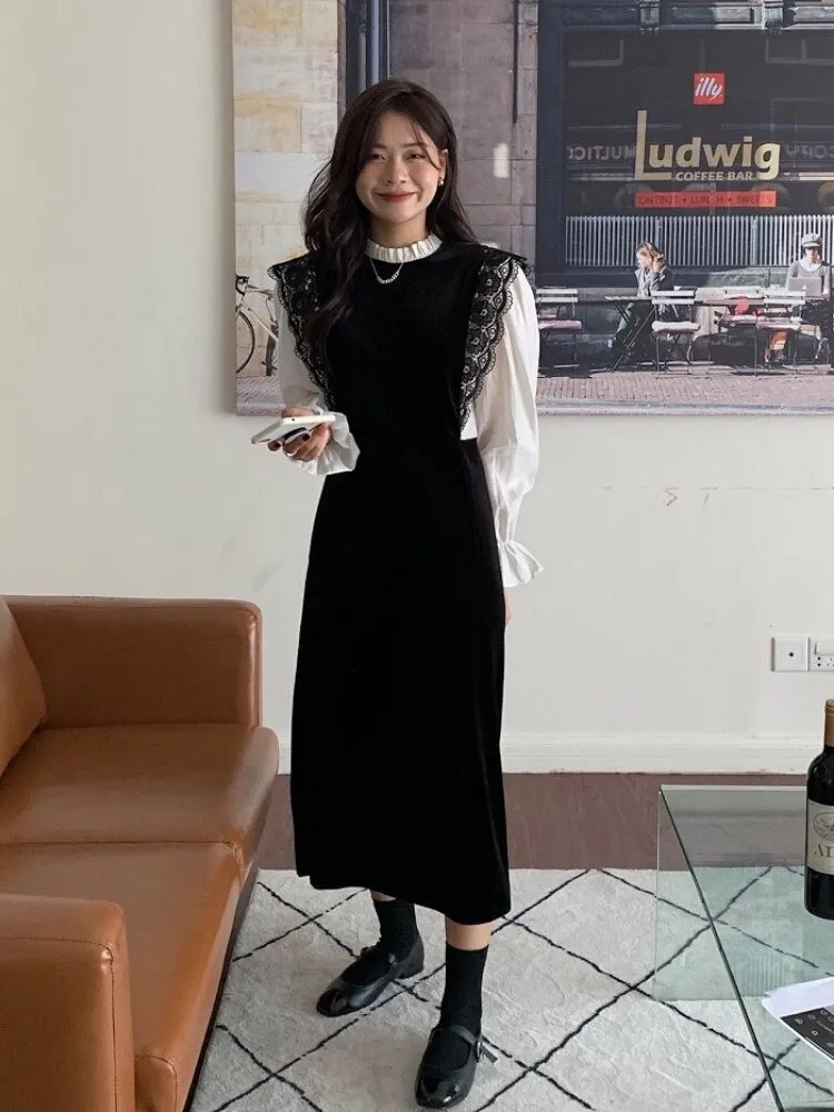 Joskaa French Vintage Velvet Dress Korean Style Lace Patchwork Elegant Party Dress Female Long Sleeve Midi Dress Fall Outfits 2024