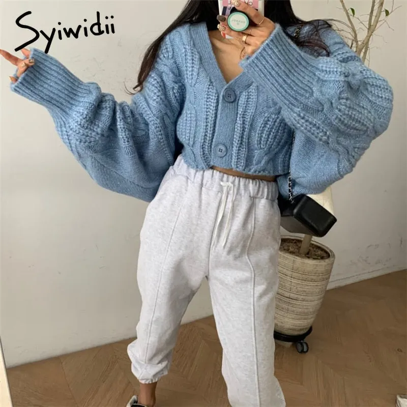 Joskaa Vintage Criss-Cross Cardigan Woman Sweaters Fall Winter 2024 Raglan Sleeve V Neck Button Up Jackets Knitted Short Coats