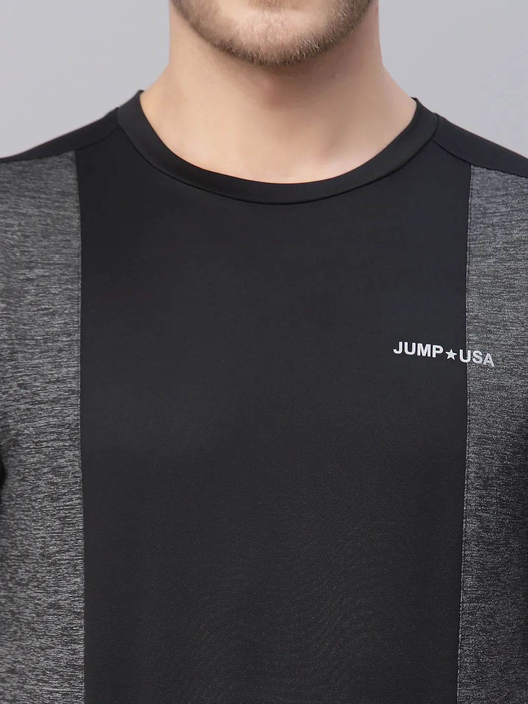 JUMP USA Men's Grey Black Solid Yoga Seamless Round Neck T-Shirt