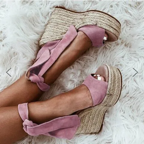 Lace up Espadrille Heel Platform Wedges Ankle Strap Sandals