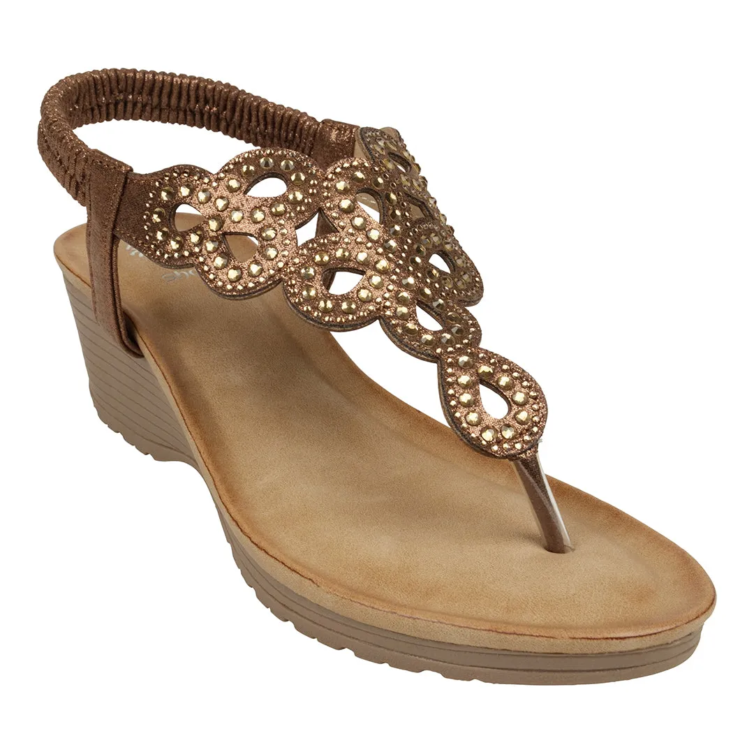 Madelyn Bronze Embellished Laser Cut Slingback Wedge Sandals