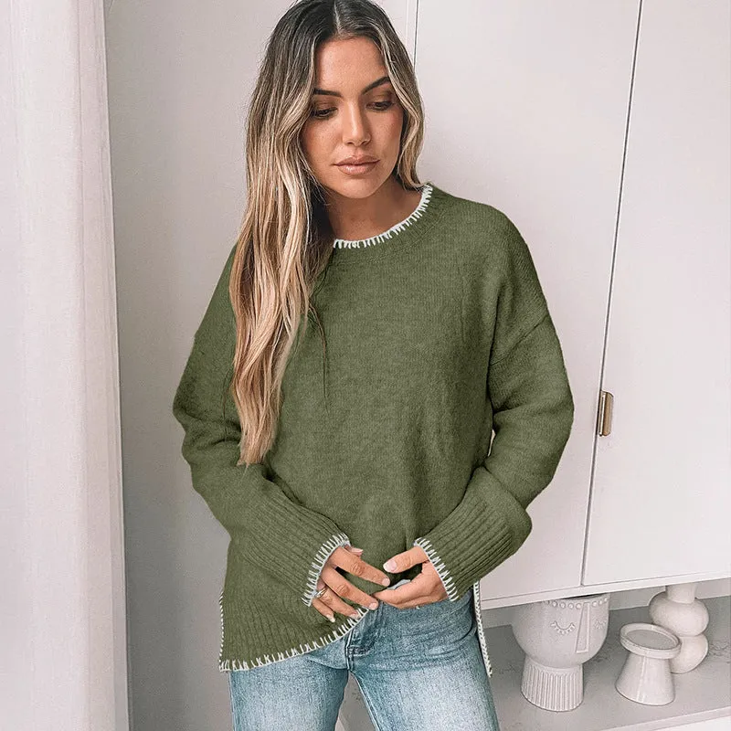 METAVERSMALL 2025  autumn and winter new round neck casual long-sleeved sweater solid color versatile split-end pullover sweater