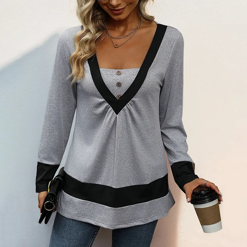 METAVERSMALL 2025 foreign trade  simple solid color long-sleeved T-shirt color matching contrasting color casual home T-shirt top women