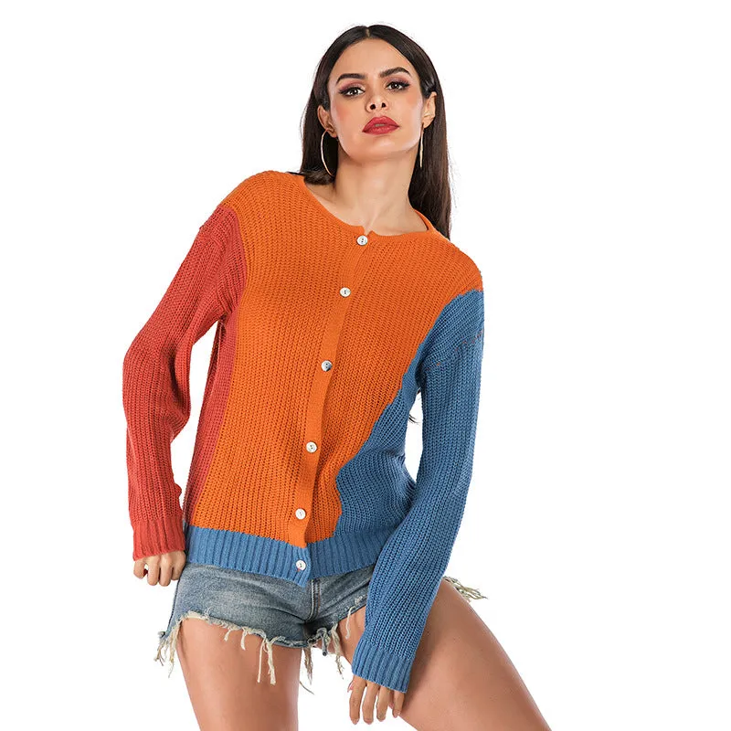 METAVERSMALL 2025  women's clothing New autumn and winter sweater loose cardigan contrasting colors women wearing long-sleeved knitted sweaters on both sides