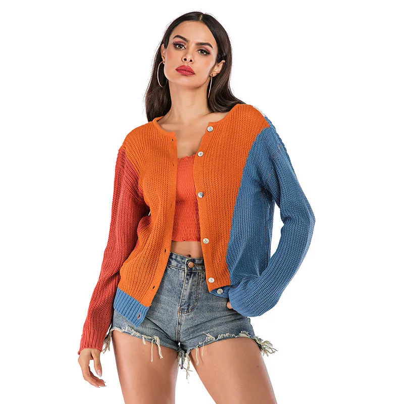 METAVERSMALL 2025  women's clothing New autumn and winter sweater loose cardigan contrasting colors women wearing long-sleeved knitted sweaters on both sides