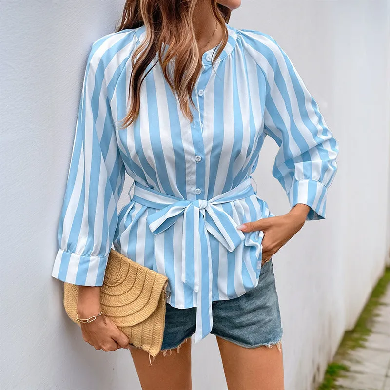 METAVERSMALL 2025  women's clothing spring and summer fashion versatile striped lace-up v-neck seven-quarter sleeve shirt top women