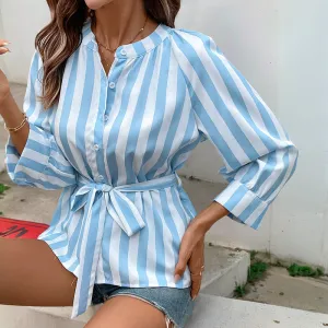 METAVERSMALL 2025  women's clothing spring and summer fashion versatile striped lace-up v-neck seven-quarter sleeve shirt top women