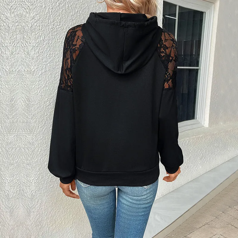 METAVERSMALL 2025 women's  New new hooded drawstring sweater autumn and winter pullover lace splicing top