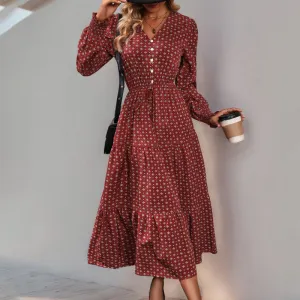 METAVERSMALL New  dress long-sleeved ruffle edge long dress V-neck buckle skirt red retro women's dress