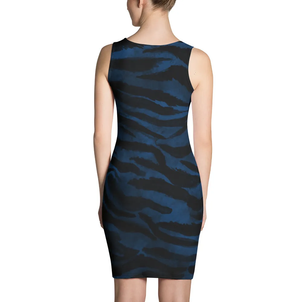 Navy Blue Tiger Striped Dress, Best Royal Navy Blue Black Women's Tiger Striped 1-pc Animal Print Dress- Made in USA/EU