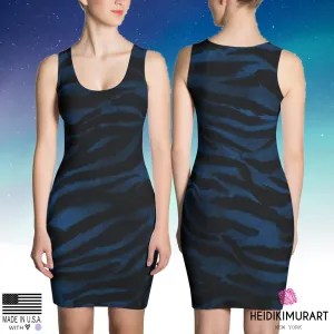 Navy Blue Tiger Striped Dress, Best Royal Navy Blue Black Women's Tiger Striped 1-pc Animal Print Dress- Made in USA/EU