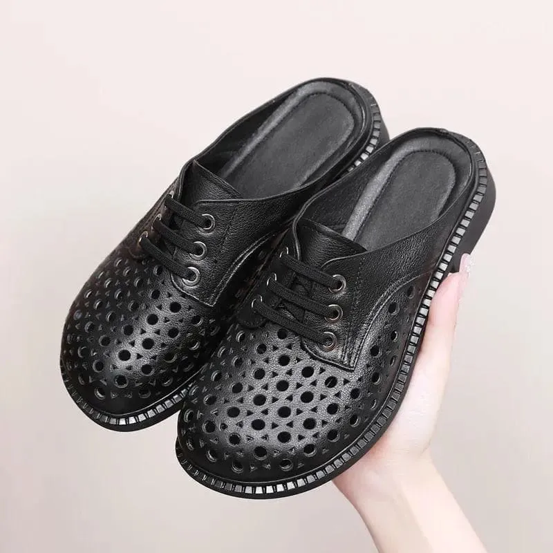 New Summer Round Toe Hollow Genuine Leather Casual Low Heel Women Shoe