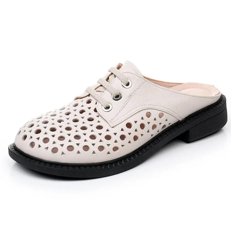 New Summer Round Toe Hollow Genuine Leather Casual Low Heel Women Shoe