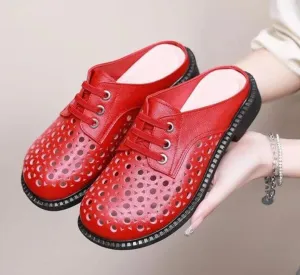 New Summer Round Toe Hollow Genuine Leather Casual Low Heel Women Shoe