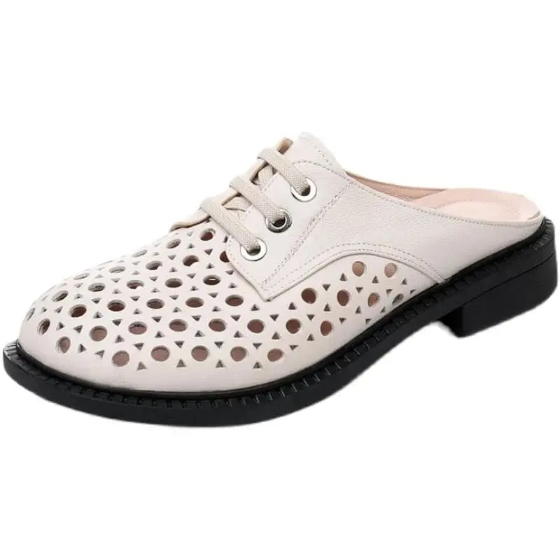 New Summer Round Toe Hollow Genuine Leather Casual Low Heel Women Shoe