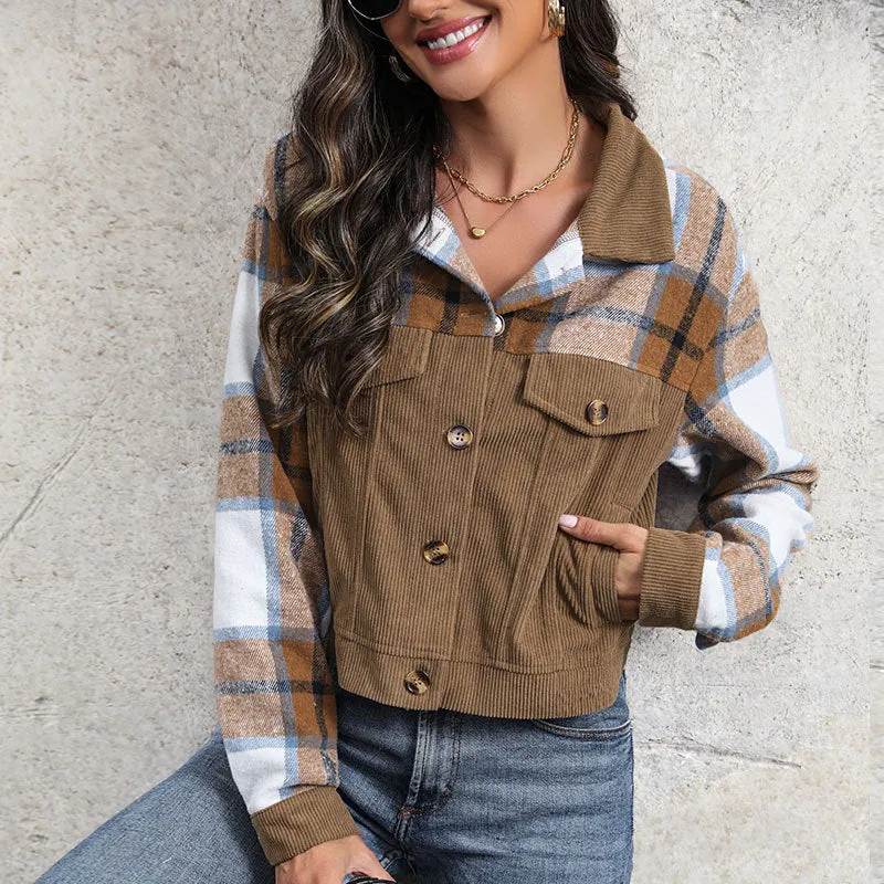 PEOPLETERRITORY Europe, America and  trade New spring new corduroy plaid top  retro lapel splicing cardigan jacket women