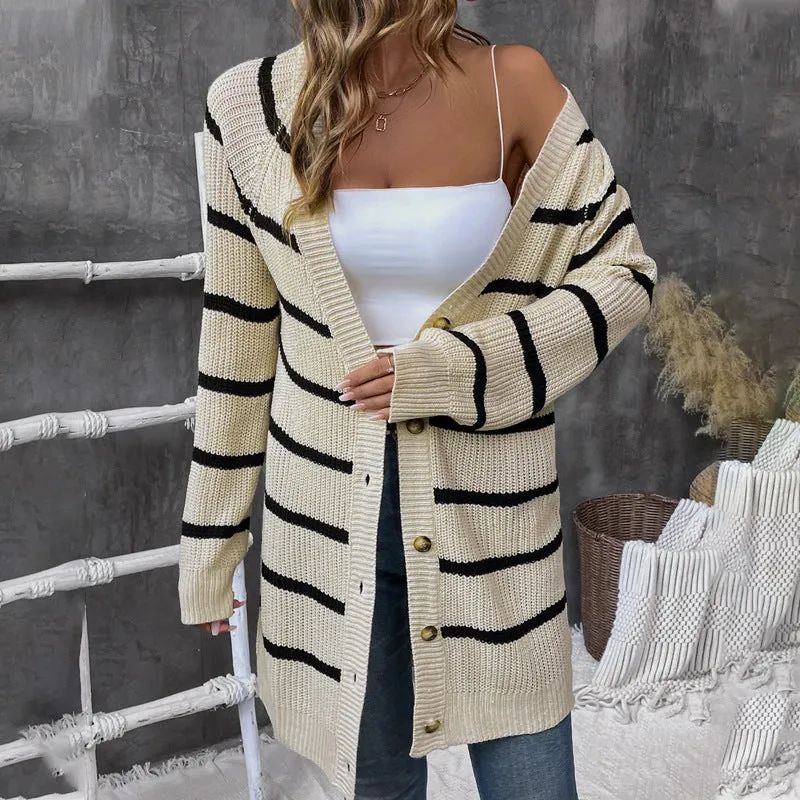 PEOPLETERRITORY European, American autumn and winter striped loose cardigan sweater   women's casual versatile sweater top