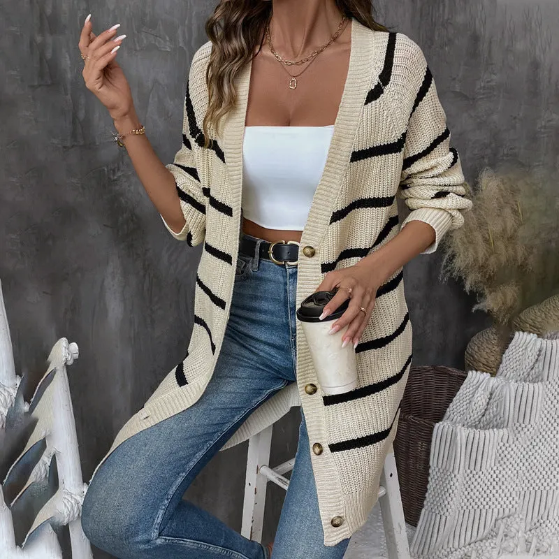 PEOPLETERRITORY European, American autumn and winter striped loose cardigan sweater   women's casual versatile sweater top