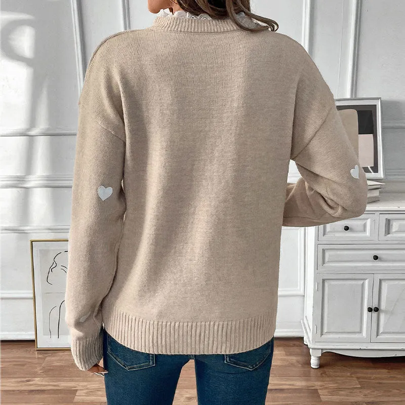 PEOPLETERRITORY love round neck autumn and winter sweater new Valentine's Day V-neck splicing lace pullover knitted sweater