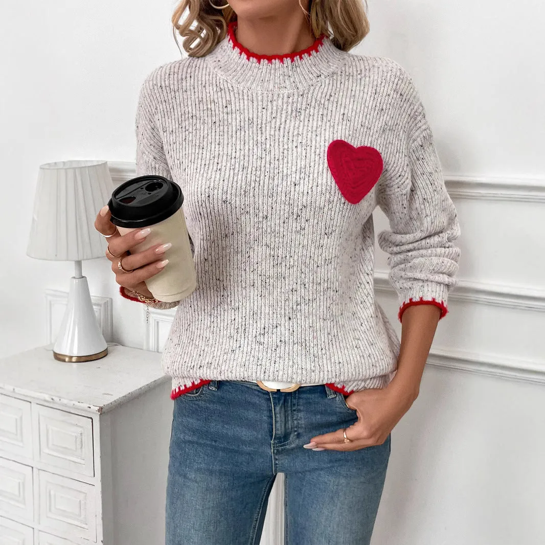 PEOPLETERRITORY New New New European, American Autumn and Winter  Semi-turtleneck Valentine's Day Love Pattern Sweater Women