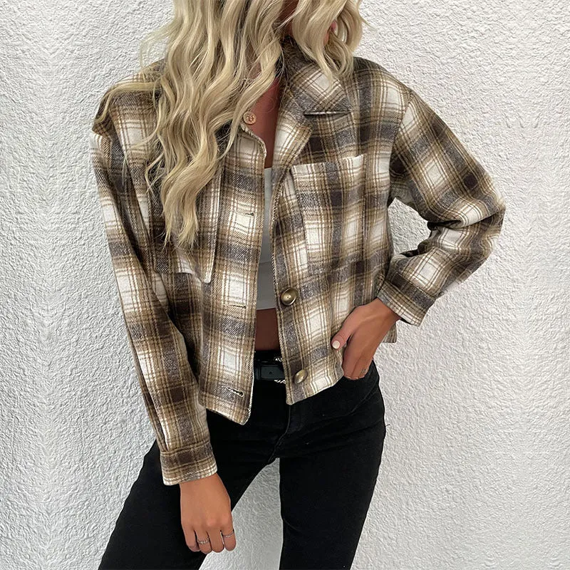 PEOPLETERRITORY Strictly selected   women's clothing autumn and winter   trade short plaid cardigan retro woolen lapel coat women