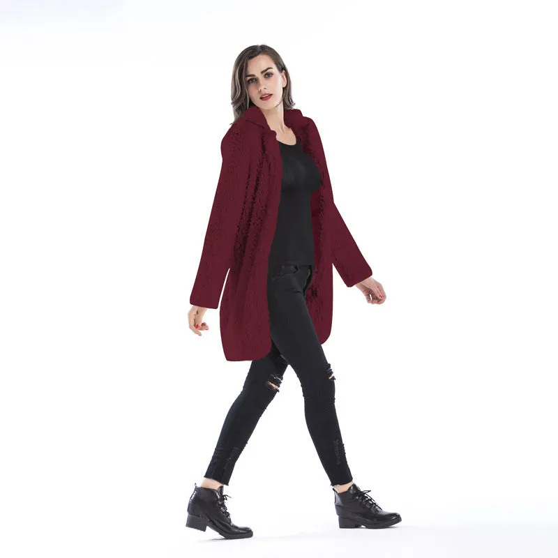 PEOPLETERRITORY winter new lamb wool coat women's New lapel woolen medium and long coat cotton coat