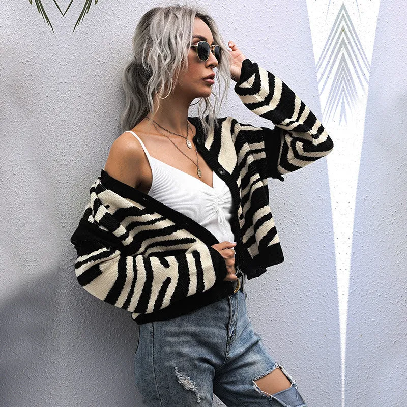 PEOPLETERRITORY women's clothing New new knitted sweater jacket short contrasting stripes splicing cardigan short