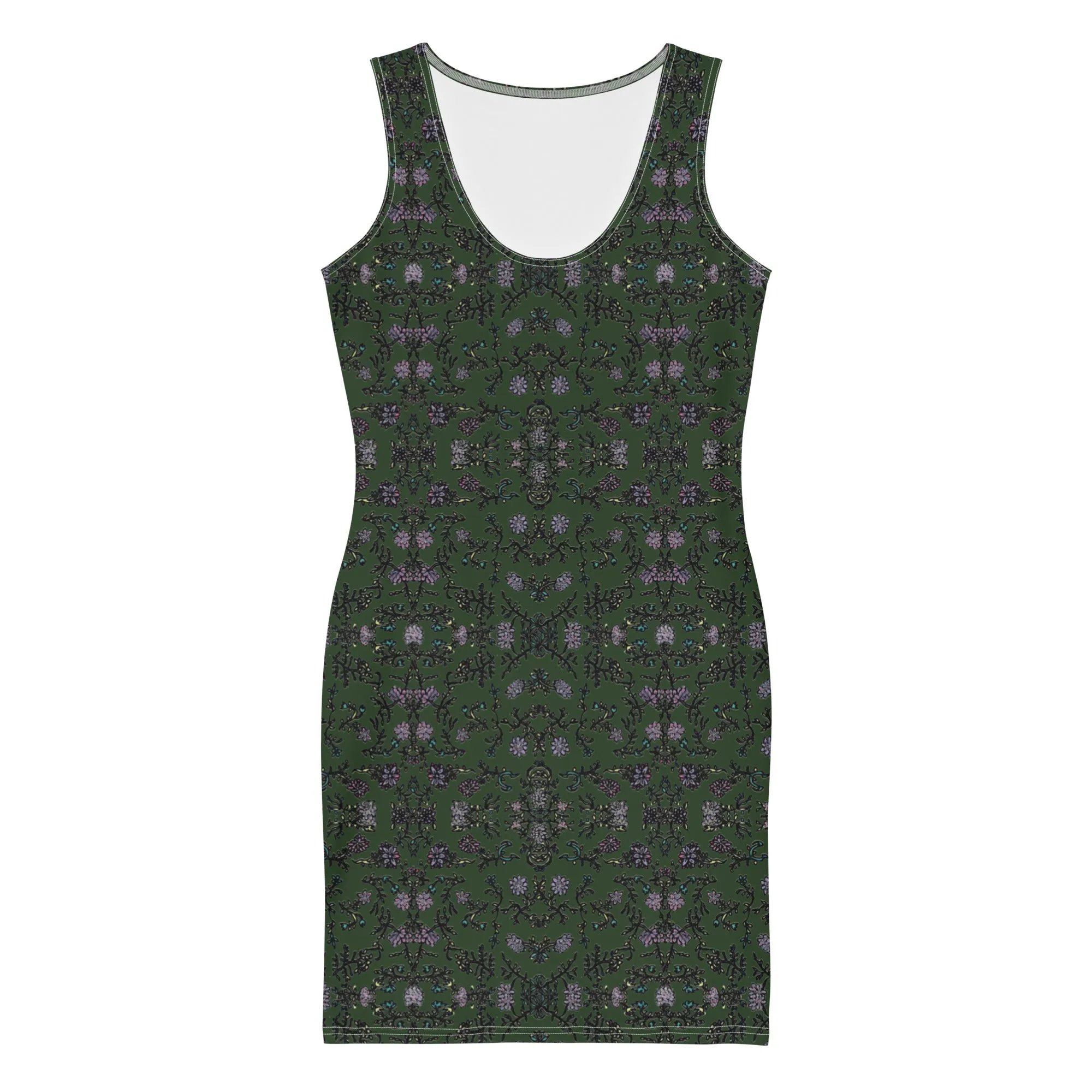 Pine Green Floral Print Dress, Flower Print Classic Tank Sleeveless Comfy Dress- Made in USA/EU/MX