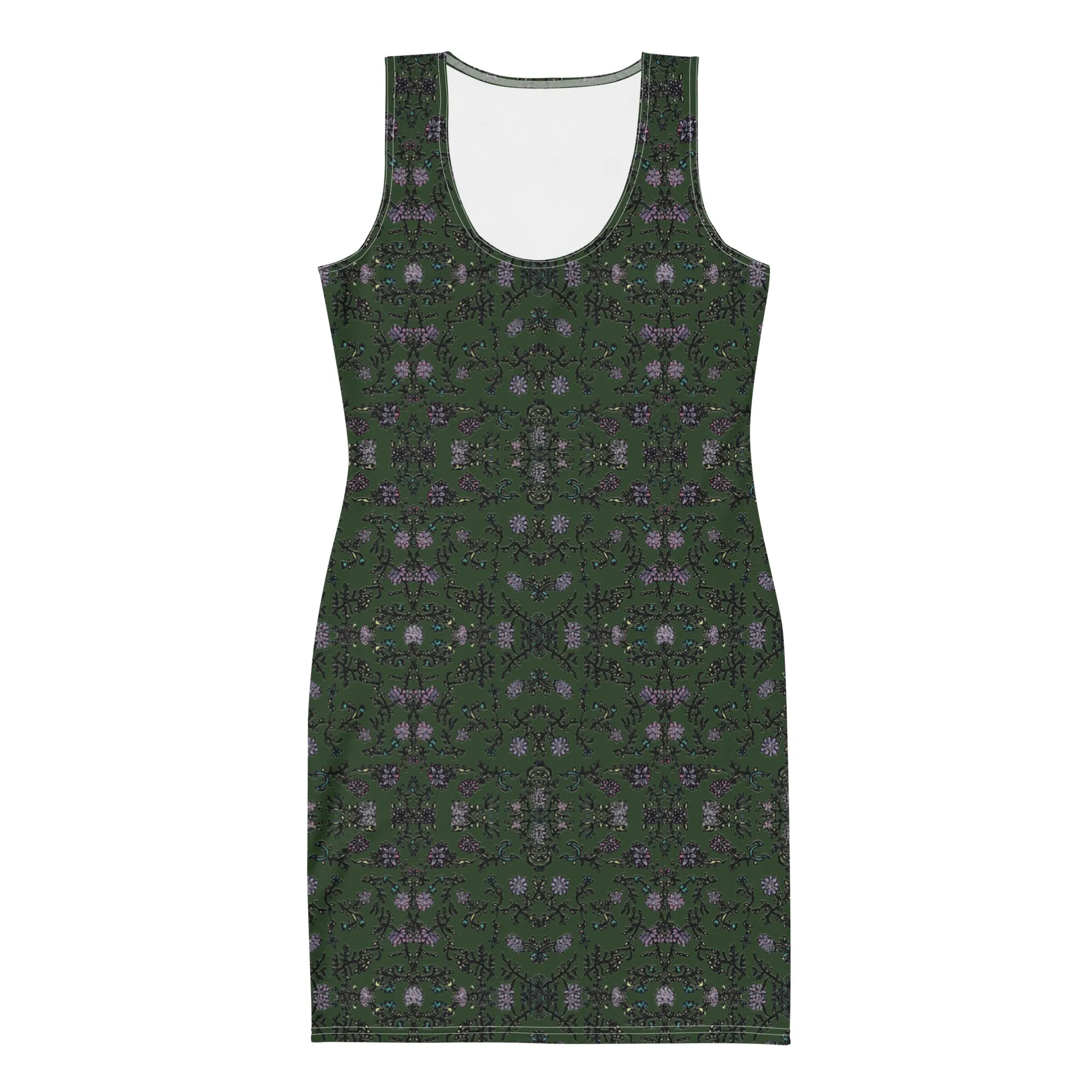 Pine Green Floral Print Dress, Flower Print Classic Tank Sleeveless Comfy Dress- Made in USA/EU/MX