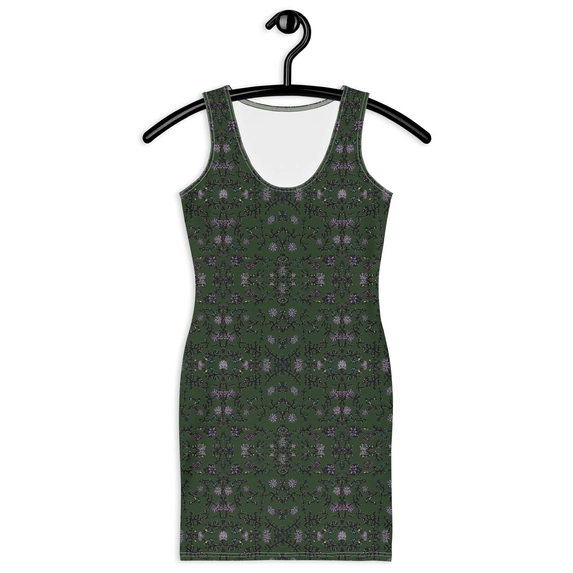 Pine Green Floral Print Dress, Flower Print Classic Tank Sleeveless Comfy Dress- Made in USA/EU/MX