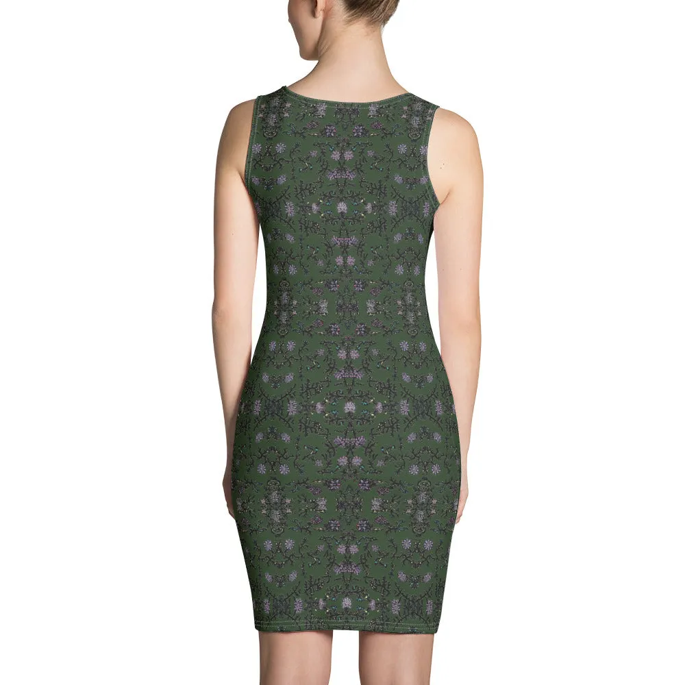 Pine Green Floral Print Dress, Flower Print Classic Tank Sleeveless Comfy Dress- Made in USA/EU/MX