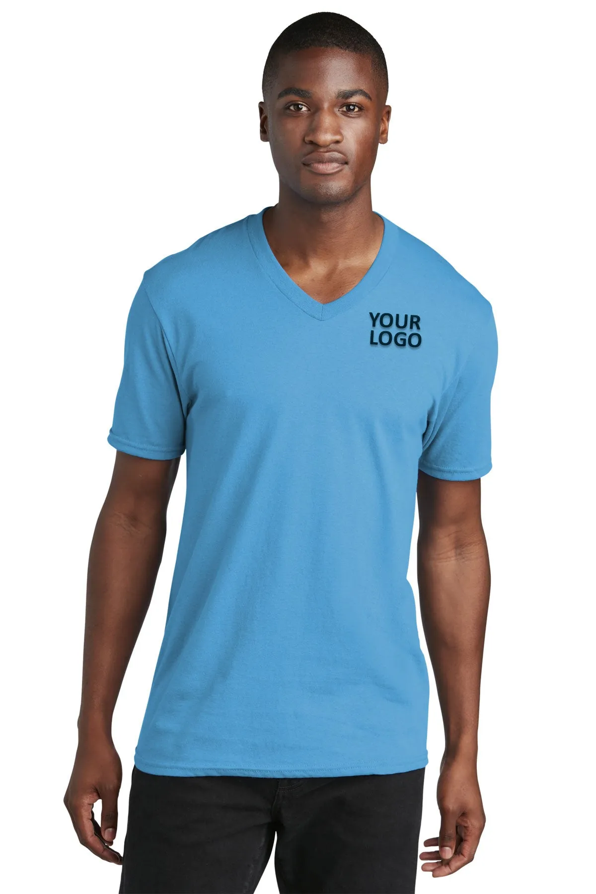 Port & Company Core Cotton Branded V-Neck Tee's, Aquatic Blue