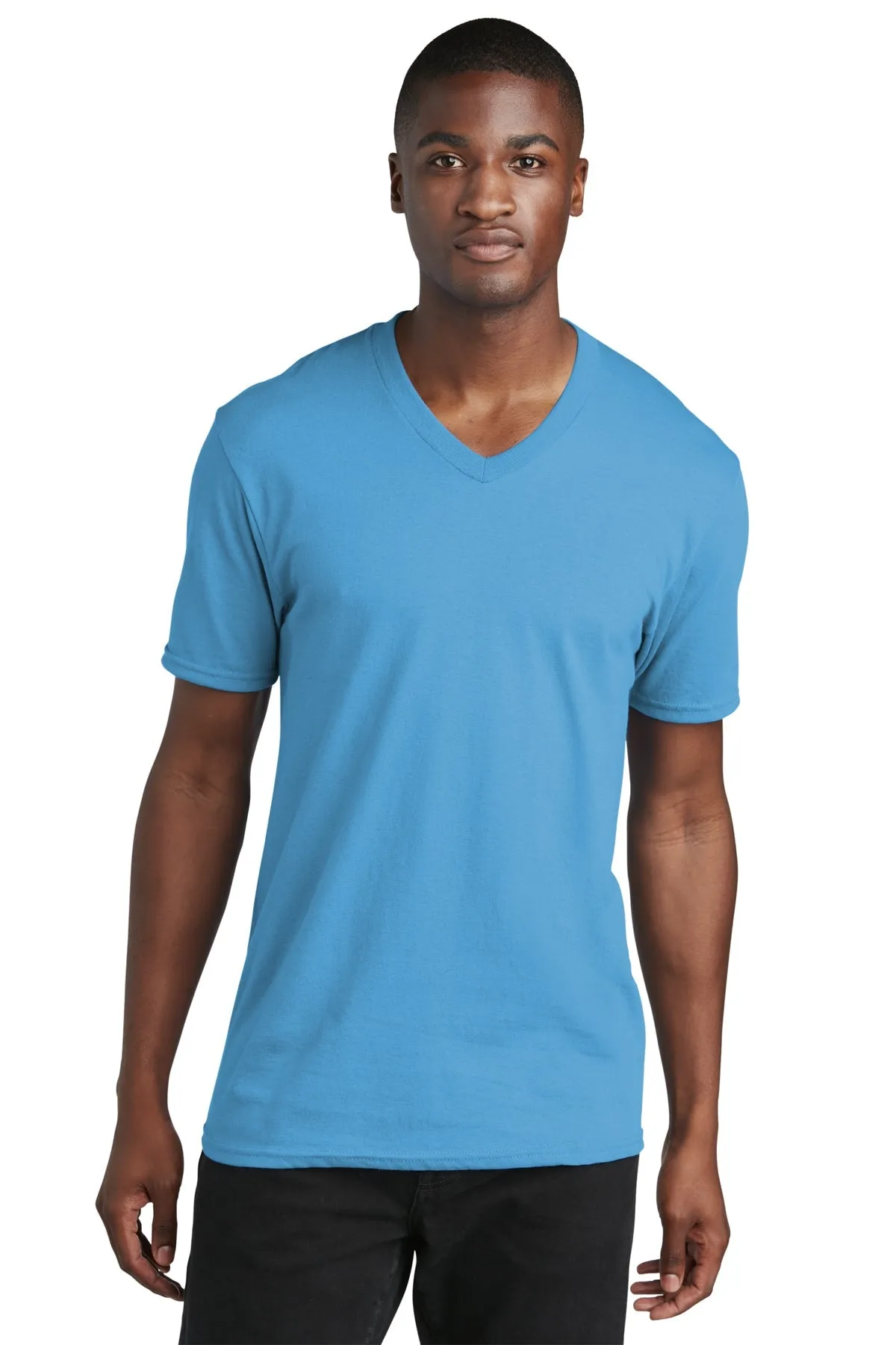 Port & Company Core Cotton Branded V-Neck Tee's, Aquatic Blue