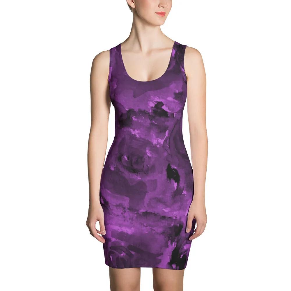 Purple Abstract Women's Dress, Best Royal Purple Rose Floral Print Women's Long Sleeveless Designer Dress - Made in USA/EU