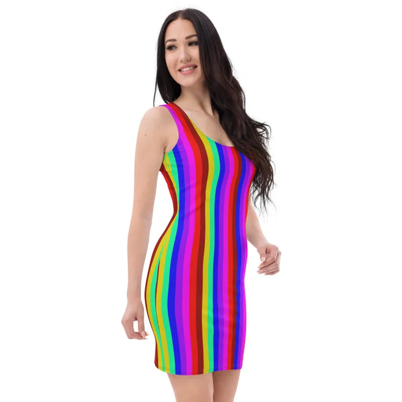 Rainbow Stripe Dress, Gay Pride Designer Long Sleeveless Women's Dress-Made in USA/EU