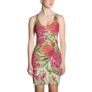 Red Orange Spring Rose Dress, Floral Print Women's Long Best Sleeveless Dress- Made in USA/EU