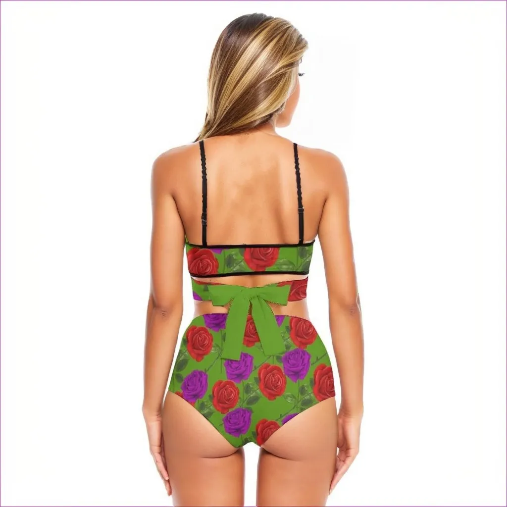 Red Rose Purp Green Women's Bikini Sets With Cross Straps