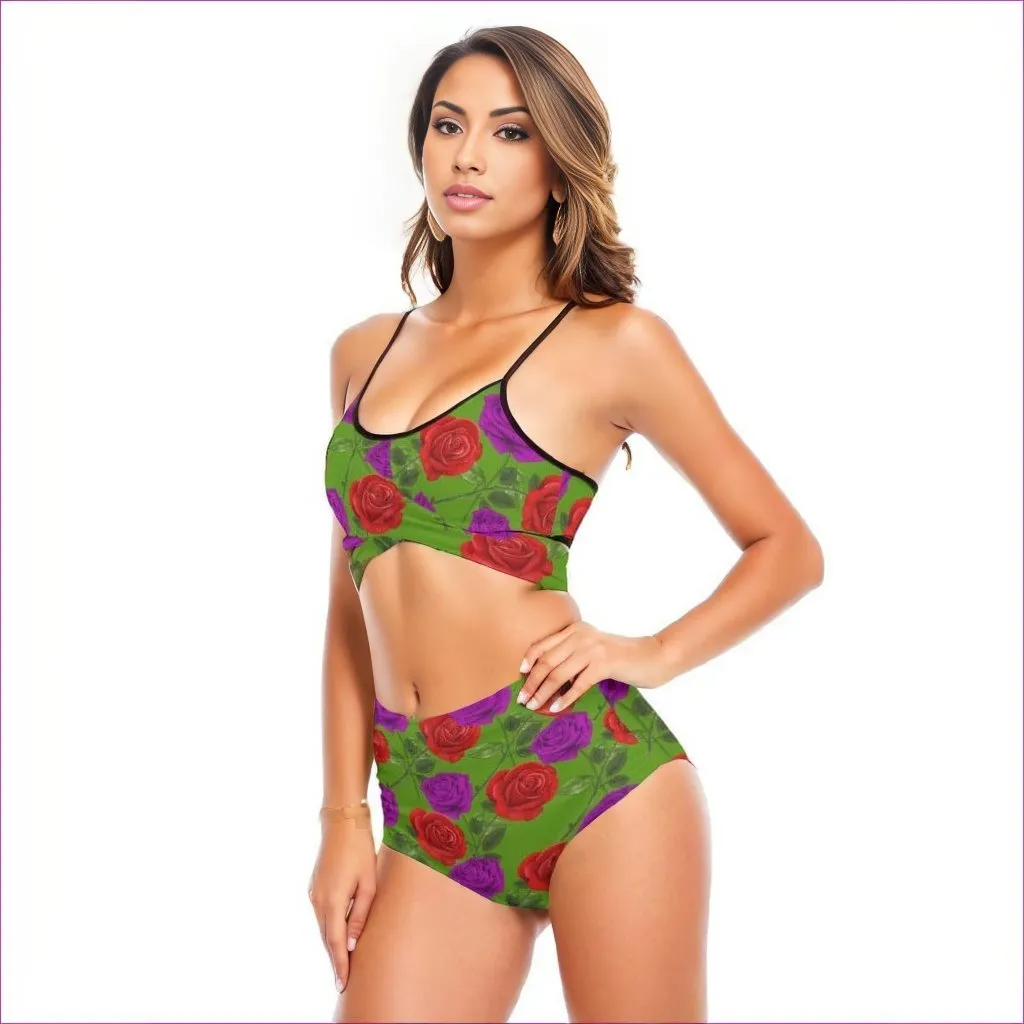 Red Rose Purp Green Women's Bikini Sets With Cross Straps