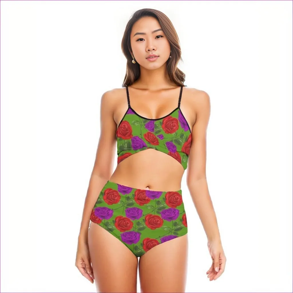 Red Rose Purp Green Women's Bikini Sets With Cross Straps