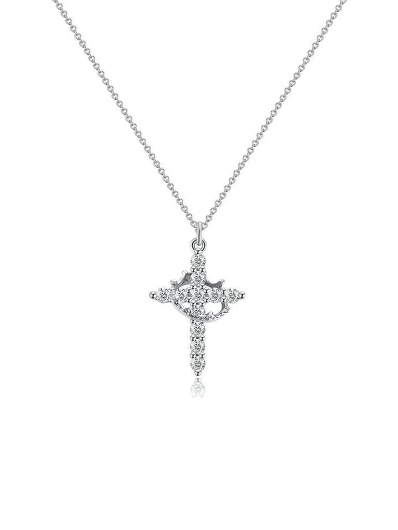 Rhinestone Crown & Cross Pendant Necklace for Women & Men, Fashion Jewelry for Party, Daily Clothing Decor, Trendy All-Match & Exquisite Jewelry for Birthday Gift, Fall Outfits, Fall Freshness