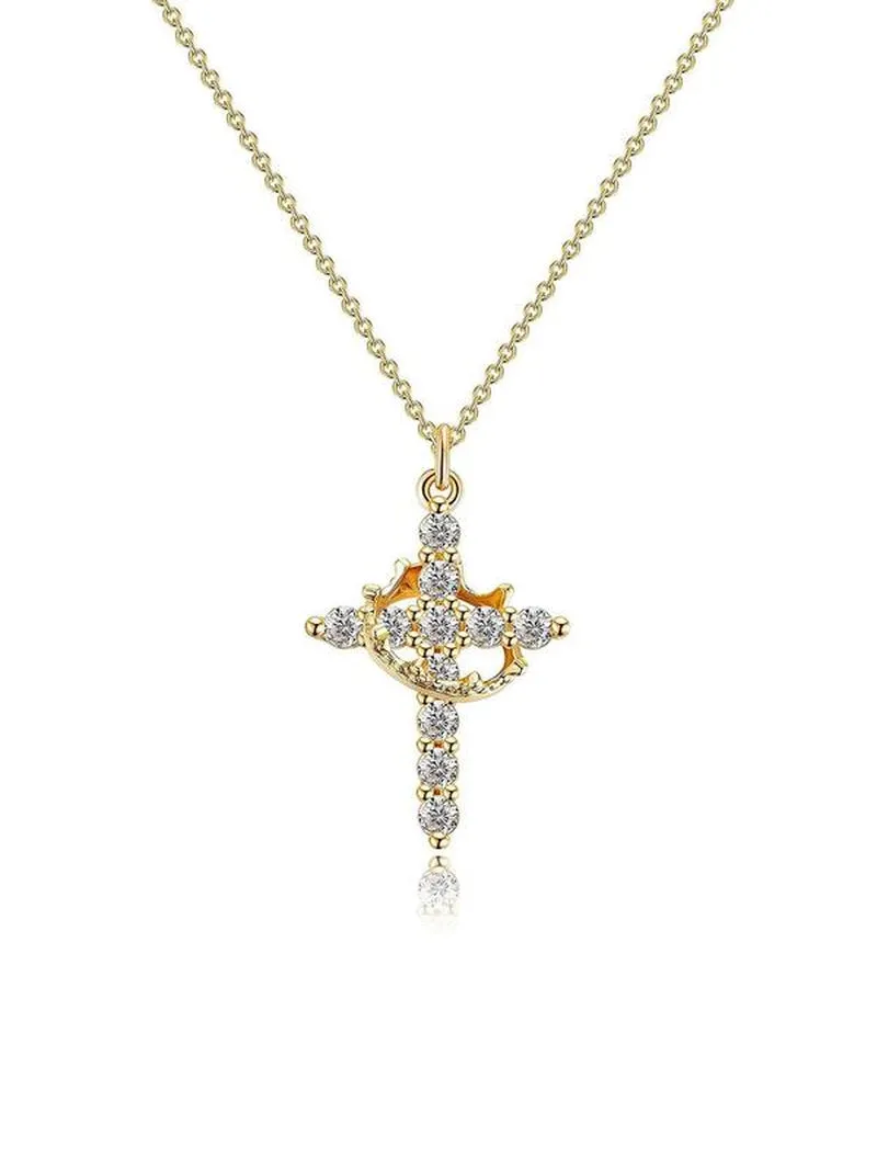 Rhinestone Crown & Cross Pendant Necklace for Women & Men, Fashion Jewelry for Party, Daily Clothing Decor, Trendy All-Match & Exquisite Jewelry for Birthday Gift, Fall Outfits, Fall Freshness