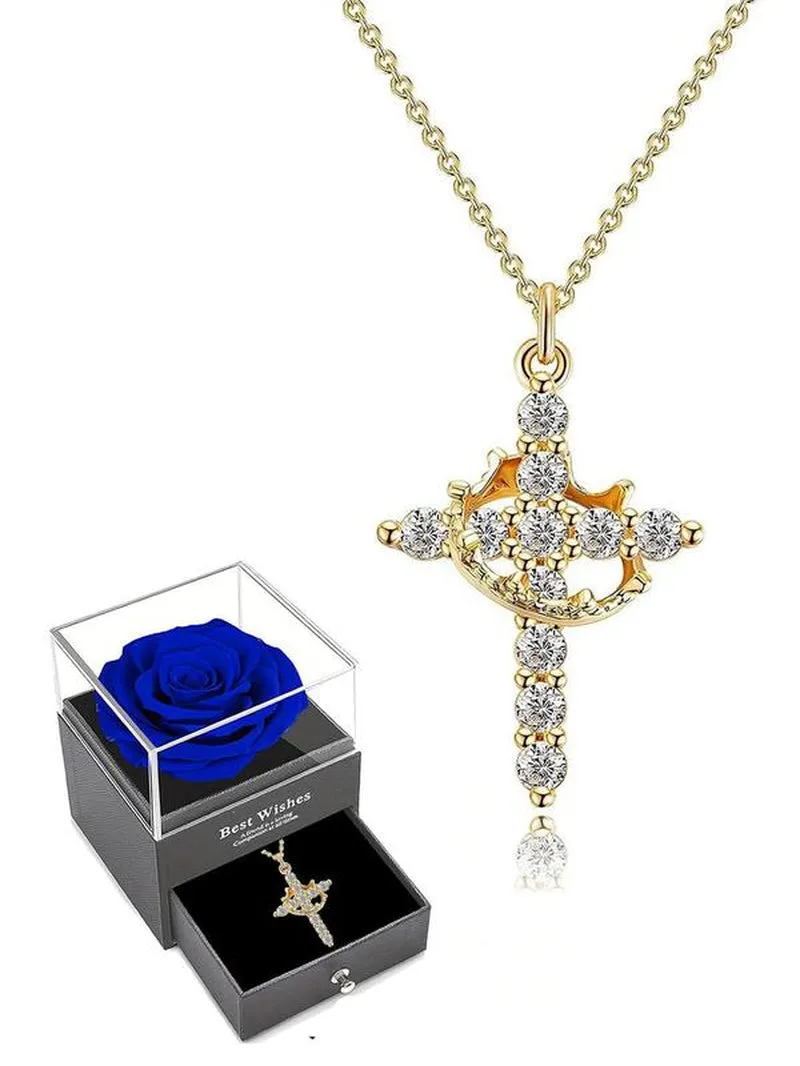 Rhinestone Crown & Cross Pendant Necklace for Women & Men, Fashion Jewelry for Party, Daily Clothing Decor, Trendy All-Match & Exquisite Jewelry for Birthday Gift, Fall Outfits, Fall Freshness