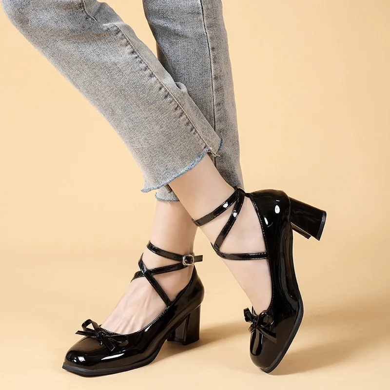 sealbeer Black Retro Cross-Tie Pumps Casual  Summer Marry Janes Round Toe Shoes Ladies Lolita Sweet Fashion Shoes Woman Bow Design