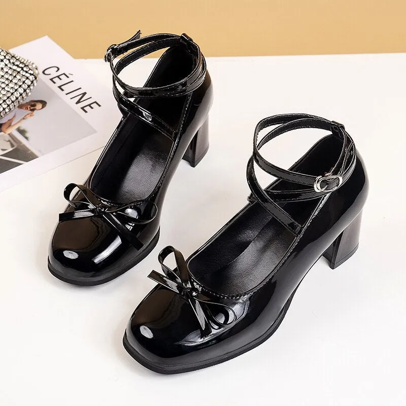 sealbeer Black Retro Cross-Tie Pumps Casual  Summer Marry Janes Round Toe Shoes Ladies Lolita Sweet Fashion Shoes Woman Bow Design